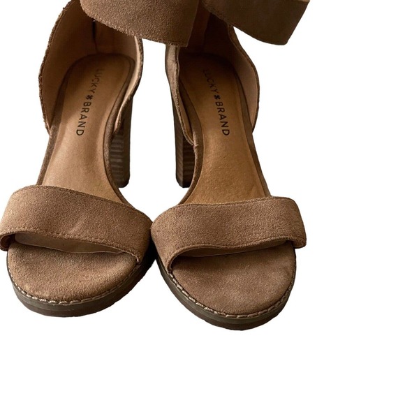 Lucky Brand 6.5 Lexara Heels Open Toe Sandals Block Heel Taupe Suede - Picture 11 of 13